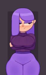 arrogant crossed_arms duolingo front_view keelpowah leggings lily_(duolingo) nipple_bulge nipples_visible_through_clothing purple_hair sweater thick_thighs