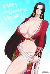 black_hair blue_eyes boa_hancock cleavage huge_breasts kamekuzu kameseru long_sleeves one_piece sarong thick_thighs voluptuous