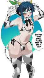 1boy 1femboy big_thighs blush cow_print cow_print_armwear cow_print_bikini cow_print_thighhighs english_text femboy femboy_only genshin_impact girly heart-shaped_pupils huge_thighs kanoji_(ni_kanojo) large_thighs male male_only navel thick_thighs thighs trap venti_(genshin_impact) voluptuous