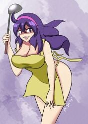 1girls apron breasts hairband hex_maniac holding_ladle ladle large_breasts long_hair looking_at_viewer naked_apron nintendo pokemon pokemon_xy purple_eyes purple_hair shujiatatacha