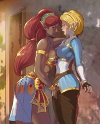 2girls against_wall armband ass blonde_hair blue_eyes blue_shirt blue_skirt breasts breath_of_the_wild brown_pants crop_top crown_braid fingerless_gloves gloves grabbing grabbing_crotch green_eyes large_breasts lipstick midriff milf molestation nintendo pants ponytail princess_zelda rakimi red_hair shirt short_hair skirt tears_of_the_kingdom the_legend_of_zelda urbosa yuri