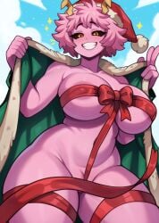 absurdres areola_slip ashido_mina black_sclera boku_no_hero_academia breasts colored_sclera colored_skin convenient_censoring female flashing grin hat highres horns large_breasts melonpuff mina_ashido my_hero_academia pink_hair pink_skin santa_hat smile yellow_horns