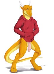 anthro claws clothed clothing dragon hands_in_pockets hoodie horn humanoid_penis large_penis looking_at_viewer male male_only muscular_thighs partially_clothed penis pink_eyes red_clothing scalie smile solo standing testicles thin_tail truegrave9 yellow_skin