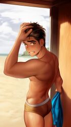 1boy ai_generated beach brown_hair hand_on_head holding_head looking_at_viewer looking_back lucidfacades male male_focus male_only solo_male speedo sweat sweating sweaty teeth toned toned_body toned_male towel wet wet_body wet_skin