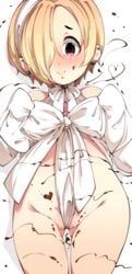 between_labia blonde_hair blush cameltoe chocolate chocolate_on_face earrings female food food_on_face hair_over_one_eye hairband heart heart-shaped_pupils highres idolmaster idolmaster_cinderella_girls jewelry looking_at_viewer lying naked_ribbon on_back red_eyes ribbon shirasaka_koume short_hair sleeves_past_wrists symbol-shaped_pupils takato_kurosuke takatoo_kurosuke