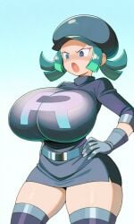 ai_generated angry big_ass big_breasts black_skirt female green_hair pokemon rainbow_rocket_grunt short_hair team_rainbow_rocket_grunt_(female) team_rocket_grunt team_rocket_grunt_(female) team_rocket_uniform teamrocktgrl thick_thighs thighhighs