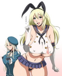 2girls animal_ears areola_slip areolae atago_(kantai_collection) atago_(kantai_collection)_(cosplay) bare_shoulders blonde_hair breasts bunny_ears cosplay costume_switch fake_animal_ears female gloves gradient gradient_background green_eyes hat highleg_panties huge_breasts kantai_collection long_hair microskirt miniskirt multiple_girls open_mouth oversized_clothes pan-pa-ka-paaan! personification pink_background shimakaze_(kantai_collection) shimakaze_(kantai_collection)_(cosplay) smile toguchi_masaya translated undersized_clothes