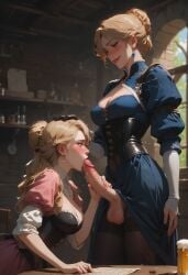 1futa ai_generated blonde_hair breasts cleavage dickgirl dress duo futa_focus futa_on_female futa_with_female futadom futanari medieval original penis revenge623 self_upload table testicles