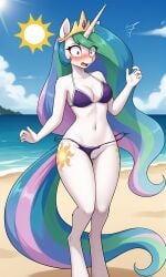 1girls 2025 accidental_exposure ai_generated anthro beach bikini blue_fur blushing cleavage curvy_female curvy_figure cutie_mark digitigrade embarrassed equine exposed_pussy female female_only green_hair hasbro hi_res innie_pussy my_little_pony open_mouth outdoors pony princess_celestia_(mlp) purple_eyes purple_hair pussy royalty seaside shocked shocked_expression sun wardrobe_malfunction white_body wide_hips