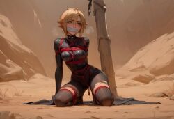 1girls ai_generated blonde_hair bondage captive captured captured_heroine defeated defeated_heroine female knight petite shackles skin_tight thighhighs veve