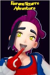 1boy 3d 3d_(artwork) building clothed clothing giant gloves glowing_eyes inside inside_mouth keynor kieran_(pokemon) macro micro pokemon purple_hair size_difference smile smug solo steam steamy_breath tongue tongue_out vore yellow_eyes
