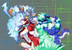 4boys anthro canid canine canis furry furry_only gay mal_lock male male/male/male/male male_only mega_man mega_man_star_force muscles muscular muscular_anthro muscular_male omega-xis ren_(daikitei) wolf wolf_woods