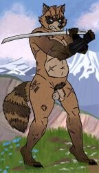 2025 absurd_res anthro canid canine circumcised clothing epic_games fighting_pose fingerless_gloves flower fortnite genitals gloves hajime_(fortnite) handwear hi_res male mammal mariojoe11 melee_weapon mountain musclegut muscular no_pupils outside penis plant pose pubes raccoon_dog scar solo sword tanuki volcano weapon