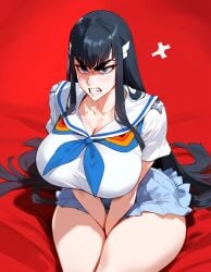 ai_generated angry_face bed big_breasts black_hair blue_eyes kill_la_kill kiryuuin_satsuki long_hair lucyla school_uniform schoolgirl sitting_on_bed skirt tagme thick_thighs