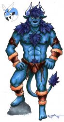 2018 abs ankle_cuffs anthro belly_hair biceps blue_hair blue_nipples body_hair bottomwear bulge chest_hair clothing cuff_(restraint) demon feet foxfurries hair hand_on_hip hi_res loincloth looking_at_viewer male mane manly muscular nipples one_leg_up pecs raised_leg restraints rock shoulder_hair simple_background solo standing white_background wrist_cuffs