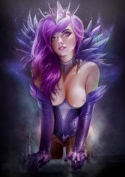 1girls absurdres areolae breasts choker cleavage corset crown dark_elementalist_lux elbow_gloves elementalist_lux feathers female female_only firolian functionally_nude gloves hairless_pussy highres human jewelry league_of_legends lipstick long_hair luxanna_crownguard makeup medium_breasts nipples pink_eyes pink_lipstick purple_gloves purple_hair pussy solo