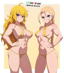 2girls abs big_breasts bikini bikini_bottom blonde_female blonde_hair blue_eyes braid braided_hair breasts cammy_white cammy_white_(street_fighter_6) crossover different_breast_sizes eastern_and_western_character female female_only guilegaze hands_on_hips large_breasts long_hair long_hair_female medium_breasts multiple_girls purple_eyes rwby scar_on_face street_fighter street_fighter_6 twin_braids twintails yang_xiao_long