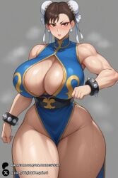 1girls ai_generated arrogant bangs bare_shoulders blue_dress blush bracelet breasts brown_eyes brown_hair bun_cover capcom china_dress chinese_clothes chun-li cleavage cleavage_cutout clothing_cutout curvy double_bun dress earrings grey_background hair_bun huge_breasts jewelry looking_at_viewer makeup muscular muscular_female no_panties pelvic_curtain simple_background sleeveless solo spiked_bracelet spikes steaming_body street_fighter sweat thick_thighs thighs unjobdespiert wide_hips