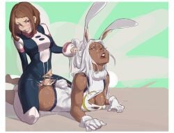 2girls anal animal_ears black_bodysuit bodysuit boku_no_hero_academia cum cum_on_ass cum_on_body dark-skinned_female dark_skin female_pubic_hair futa_with_female futanari gloves green_background grin highres interracial leotard mirko multiple_girls penis prone_bone pubic_hair rabbit_ears rabbit_girl rabbit_tail sex shiny_skin smile smollb_nsfw tail teeth torn_clothes torn_leotard white_bodysuit white_gloves