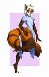 2017 5_fingers anthro braided_hair clothed clothing girly hair male mammal penis red_panda simple_background smile spefides white_hair wide_hips