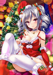 ankle_boots bare_shoulders bell blush boots breasts christmas_tree drill_hair elbow_gloves female fur_trim gloves hat idolmaster idolmaster_cinderella_girls kanzaki_ranko long_hair looking_at_viewer nipples one_eye_closed purple_eyes red_boots red_gloves santa_hat silver_hair sitting smile solo sweat tears thighhighs twin_drills urabi_(tomatohouse) white_legwear