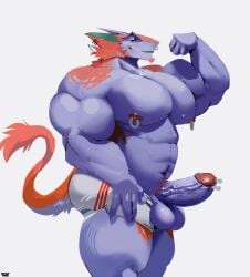 abs anthro avie aviesergal balls big_balls big_penis blush bottomwear clothing ear_piercing facial_hair facial_piercing flexing genital_piercing genitals goatee hi_res male mostly_nude muscular muscular_arms muscular_legs nipple_piercing nipple_ring nipples nose_piercing pecs penis penis_piercing piercing prince_albert_piercing pubes ring_piercing septum_piercing sergal shorts solo tail tail_tuft tuft undressing vein veiny_penis
