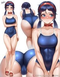 1girls ass backsack bending_over blue_eyes blue_hair blush blushing blushing_at_viewer blushing_female breasts cameltoe choker cute feet female female_only from_behind hairband hi_res legs miside mita_(miside) seductive shy skin_tight smile solo swimsuit thick_thighs tight_clothing toes