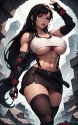 abs ai_generated big_breasts big_lips bimbo bimbofication black_hair midriff skirt stockings tifa_lockhart underboob velzevulito wide_hips