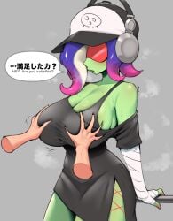 1girls acht_(splatoon) alternate_breast_size arms_behind_back blue_hair breast_grab breasts cleavage disembodied_hand english_text female fully_clothed green_skin groping groping_breasts hand_on_breast hat headphones headwear huge_breasts japanese_text nintendo nobunagapero octoling octoling_girl open_mouth sanitized_octoling splatoon splatoon_3 splatoon_3:_side_order steaming_body sunglasses sweat tentacle_hair text thick_thighs tinted_eyewear translated wide_hips