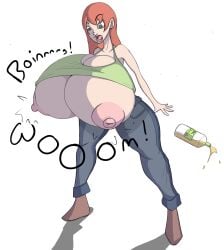 1girls areolae bottle breast_expansion breasts darkib female female_focus female_only green_eyes hips hyper hyper_breasts juice large_breasts nipple open_mouth red_hair shocked shocked_expression tank_top thighs wardrobe_malfunction