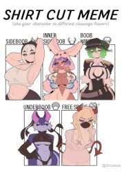 absurd_res demon elidan_art female female/female group hi_res horn human humanoid mammal meme purple_body purple_skin shirt_cut_meme