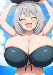 ai_generated bikini closed_eyes female female huge_breasts shoulder_length_hair silver_hair tejina_senpai tejina_senpai_(character) tejina_senpai_(series)