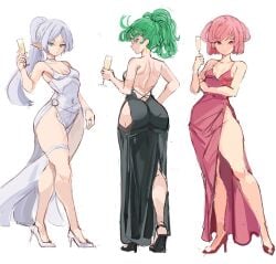 3girls doki_doki_literature_club frieren high_heels natsuki_(doki_doki_literature_club) one-punch_man rakeemspoon sousou_no_frieren tagme tatsumaki thick_ass thick_legs thick_thighs