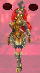 1girls abs armor breasts breath_of_the_wild corruption crotch_plate earrings english_text fingerless_elbow_gloves fingerless_gloves gloves glowing_eyes hoop_earrings hypnosis large_breasts lipstick looking_at_viewer midriff milf mind_control navel neck_ring nintendo ponytail red_hair text text_bubble the_legend_of_zelda thighhighs urbosa zorro-zero