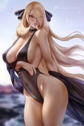 1girls black_one-piece_swimsuit black_swimsuit blonde_hair breasts choker cynthia_(pokemon) grey_eyes hair_ornament large_breasts long_hair looking_at_viewer milf nintendo olchas one-piece_swimsuit outside pokemon pokemon_dppt swimsuit