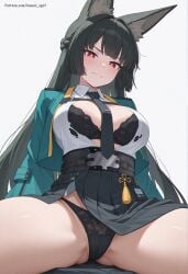 ai_generated animal_ears animal_humanoid black_hair bra cameltoe female fox_ears fox_girl hoshimi_miyabi large_breasts long_hair necktie panties red_eyes spread_legs stable_diffusion standing_sex wavy_mouth zenless_zone_zero