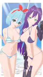 2girls 3d bikini blue_striped_bra blue_striped_panties boobs boobs_pressed breast_press breasts breasts_squeezed_together elf elf_ears elf_female elf_girl glasses green_eyes indie_virtual_youtuber keisha_callie keisha_callie_vt kirrie_ishida koikatsu oc original_character purple_bikini purple_hair robot robot_girl sexy striped_bra striped_panties tits vtuber