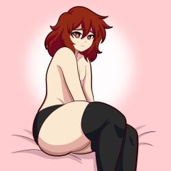 alex_(alxart) alluring alxart alxdraws androgynous anime_style ass big_ass black_thighhighs cute digital_art femboy feminine_male flat_chest indoors looking_back male oc original_character pillow pose red_eyes red_hair round_ass short_hair shy_smile simple_background sitting slim_waist smooth_skin soft_lighting solo suggestive teasing thicc thick_thighs thighhighs