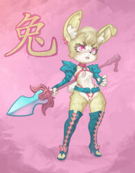 anthro breasts chibi clothed clothing erotibot female lagomorph mammal melee_weapon nipples open_mouth panties polearm pussy rabbit skimpy small_breasts solo spear standing underwear weapon