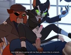 anal anal_sex anthro arm_around_neck ball_tuft black_body black_fur black_tail black_trenchcoat bottomless bottomwear chair chair_position cheek_tuft claws clothed clothing coat dialogue dipstick_tail domestic_cat duo english_text eye_patch eyewear facial_tuft felid feline felis finger_claws fingerless_gloves footwear from_behind_position front_view fur furniture garter_belt garter_belt_socks garter_straps gay gay_male genitals glasses gloves green_eyes hand_on_hip handwear hat headgear headwear humanoid_genitalia humanoid_penis lackadaisy looking_at_another male male/male male_penetrated male_penetrating male_penetrating_male mammal markings mawile123 mordecai_heller multicolored_body multicolored_fur multicolored_tail on_chair open_bottomwear open_clothing open_pants orange_body orange_fur pants penetration penis sex socks sweater tail tail_markings text topwear trenchcoat tuft turtleneck tuxedo_cat viktor_vasko whiskers white_body white_fur white_tail_tip yaoi