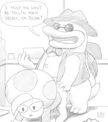 2017 ? all_fours ambiguous_penetration anthro ass_up black_and_white blush bottomless bow_tie clothed clothing cum cum_drip cum_inside cum_on_ground doggy_style dripping english_text eyewear female from_behind_position glasses grubba interspecies jolene_(paper_mario) koopa macho_grubba male mario_(series) monochrome nintendo office_lady open_mouth paper_mario paper_mario:_the_thousand-year_door penetration scalie sex sketch sl350 speech_bubble straight sunglasses text video_games