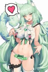 1girls 2023 animal_ear_fluff animal_ears arknights belly blush bowtie breasts cat_ears cat_tail catgirl female green_eyes green_hair half_naked harmonie_(arknights) heart henz hi_res large_breasts lingerie looking_at_viewer midriff simple_background smile solo standing thigh_strap thighs