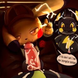 any_gender balls big_balls big_penis bodily_fluids clothed clothing cum cum_in_mouth cum_inside cumshot duo ejaculation electricity fan_character fellatio generation_1_pokemon genital_fluids genitals half-closed_eyes hat headgear headwear hi_res inside interrogation lightning male male/male narrowed_eyes nintendo oral partially_clothed penile penis pikachu pokemon pokemon_(species) pokemon_only raichu reverse_forced_oral sex speech_bubble suit teasing_penis teasing_with_mouth teasing_with_tongue ych