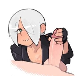 1boy1girl angel_(kof) animated blue_eyes blush fingerless_gloves fully_clothed gloves hair_covering_eye hair_over_one_eye handjob king_of_fighters leather_jacket loop pov ruka481 snk tagme white_hair