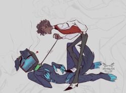 2boys alastor_(hazbin_hotel) blue_body blue_skin brown_hair claws clothed collar dark-skinned_male dark_skin deathklaue dog_ears dog_tail gay glasses grey_background hazbin_hotel human_alastor_(hazbin_hotel) leaking_precum leash leash_and_collar leash_pull moustache naked nipples nude older_male penis petplay precum sharp_claws sharp_teeth simple_background stepped_on stepping_on_penis thick_eyebrows vox_(hazbin_hotel) yaoi