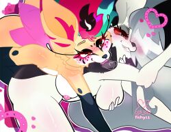 blush canid canid_demon canine canis clothing demon doggy_style female female/female fire fishys1 fox from_behind_position grabbing_from_behind heart_symbol hellaverse hellhound helluva_boss hi_res licking lingerie lingerie_bra lingerie_only loona_(helluva_boss) mammal mythological_canine mythological_creature mythology open_mouth queen_bee-lzebub_(helluva_boss) sex simple_background tongue white_body wolf yellow_body