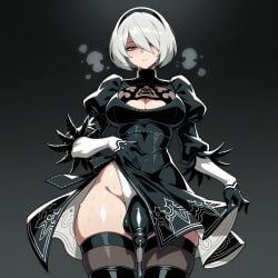 1futa 1futanari 2b_(nier:automata) ai_generated animal_penis black_background black_blindfold black_dress black_footwear black_gloves black_hairband black_thighhighs blindfold blue_eyes boots breasts bulge cleavage cleavage_cutout clothing clothing_cutout covered_penis cowboy_shot cum_in_clothes dress erection feather-trimmed_sleeves feather_trim female flaccid futanari gloves gradient_background grey_eyes grey_hair hair_between_eyes hairband hand_on_own_stomach headwear highleg highleg_leotard huge_cock huge_testicles intersex juliet_sleeves large_breasts legwear leotard lifted_by_self long_sleeves looking_at_viewer lunaart medium_breasts mole mole_under_mouth nier:_automata nier_(series) no_blindfold penis precum precum_drip puffy_sleeves short_hair skindentation solo sweat testicles thick_thighs thigh_boots thighhighs thighhighs_under_boots thighs two-sided_fabric two-sided_skirt white_hair white_leotard yorha_2b yorha_no.2_type_b