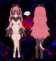 azalea_(hellfireshepherd) back_view black_fur black_wool bleating brown_fur brown_wool caprine cloven_hooves ewe exposed_nipples front_view hooves horizontal_pupils horns jacob_sheep lamb long_tail pink_hair pubic_hair qvackerz reference_sheet sheep sheep_ears sheep_girl sheep_horns sheep_tail speech_bubble white_fur white_wool wool_(fur)