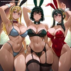 3girls ai_generated animal_ears arm_up armpits bangs bare_shoulders bikini black_hair black_thighhighs blonde_hair blush bow bowtie bra breast_press breasts brown_eyes cameltoe cleavage covered_navel dandanhub detached_collar fairy_tail fake_animal_ears female female_only fubuki_(one-punch_man) garter_belt garter_straps green_eyes green_hair hair_between_eyes hairband highleg highleg_bikini highleg_leotard large_breasts leotard lingerie long_hair looking_at_viewer lucy_heartfilia multiple_girls navel one-punch_man panties parted_lips patreon_username rabbit_ears red_bow red_bowtie red_eyes red_leotard short_hair sidelocks skindentation smile spy_x_family stomach strapless strapless_leotard sweat swimsuit thick_thighs thighhighs thighs underwear web_address window wrist_cuffs yor_briar yor_forger