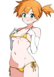 1girl areola_slip areolae asymmetrical_hair bikini bikini_bottom blush breasts closed_mouth clothing ecgg_(tsuji418477) elbow_gloves female gloves gold_bikini gold_swimsuit green_eyes hands_on_own_chest hands_up kasumi_(pokemon) looking_at_viewer micro_bikini misty_(pokemon) navel orange_hair pokemon pokemon_rgby ponytail short_hair side-tie_bikini side-tie_bikini_bottom side-tie_clothing side-tie_swimsuit side_ponytail small_breasts smile solo swimsuit thighs tied_hair wardrobe_malfunction white_gloves yellow_bikini yellow_swimsuit